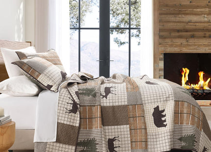 PERHOM Quilt King Size, 100% Cotton King Size Quilt, Lodge Cabin Farmhouse King Quilt, Brown Beige Green Plaid Lightweight Soft Quilted Bedspread Sets for All Season, 3 Pieces