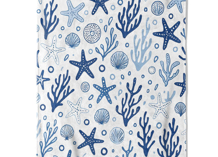 coedoaes Nautical Starfish Coral Fleece Blanket,50x60in,Blue Seashell Ocean Elements Throw Coastal Beach White Blankets,Soft Cozy Lightweight, Ideal for Bed Living Room Home Decor,Adults Gifts