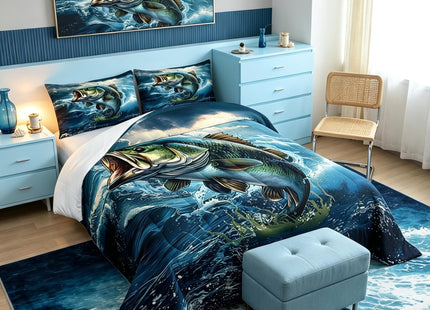 Feelyou Pike Fish Bedding Set Queen Size Bass Big Fish Comforter Set for Kids Boys Girls Decor Fishing and Hunting Comforter Ocean Theme Duvet Set