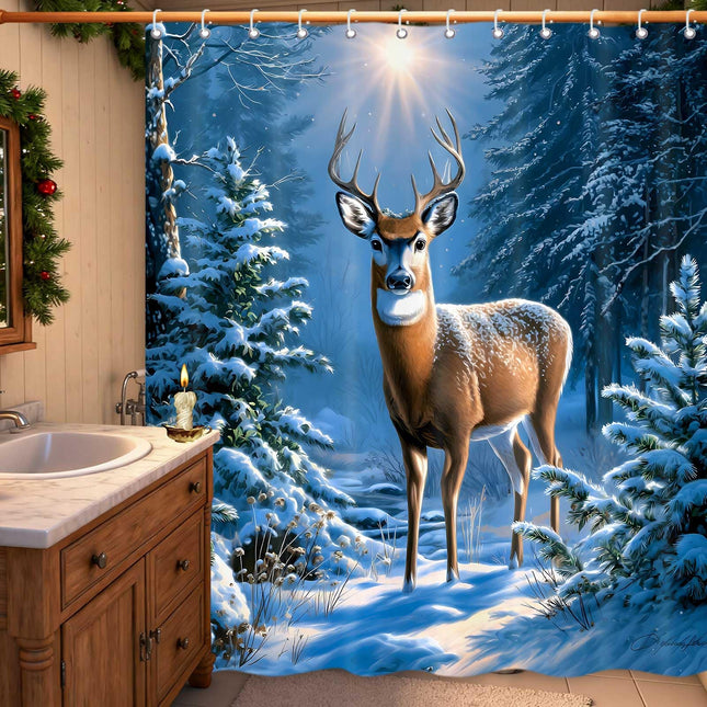MDDGKH Winter Forest Shower Curtain, Christmas Deer Pine Tree Holiday Fabric Bathroom Curtains, Rustic Farmhouse Waterproof Home Decor Set with Hooks, 71 x 71 Inch Blue