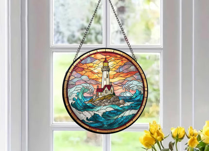 FIVITY 7.8" Lighthouse Suncatcher Stained Glass Window Hanging Ocean Light House Sun Catchers Blue Coastal Ornaments Wall Art Home Garden Room Door Decor Birthday for Women Men