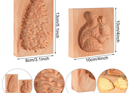 Meanplan 2 Pcs Carved Wooden Cookie Mold, Squirrel, Pinecone