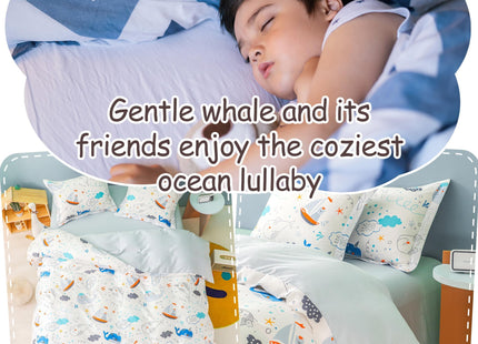 Simple&Opulence 100% Organic Cotton Duvet Cover for Kids Teens, 3 Pieces Soft Comforter Cover with Zipper Closure Cool Boy Girl Sea Sailboat Ocean Bedding Set - Whale, Twin