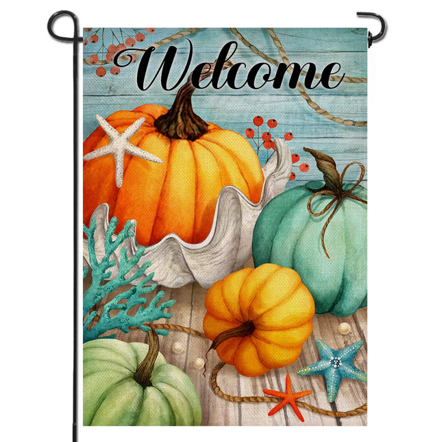 Artofy Welcome Fall Thanksgiving Teal blue Pumpkin Nautical Home Decorative Garden Flag, Autumn Yard Lawn Coastal Ocean Outside Decor, Beach Farmhouse Outdoor Small Burlap Decoration Double Sided