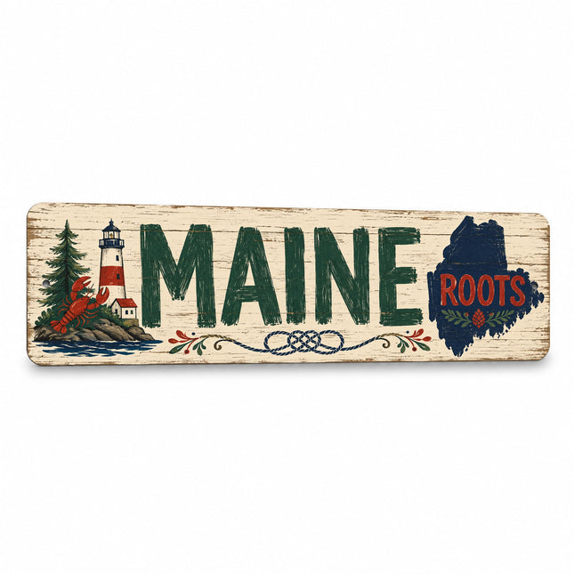 Vintage "Maine Roots" Folksy Barnwood Metal Sign — State Pride Wall Decor