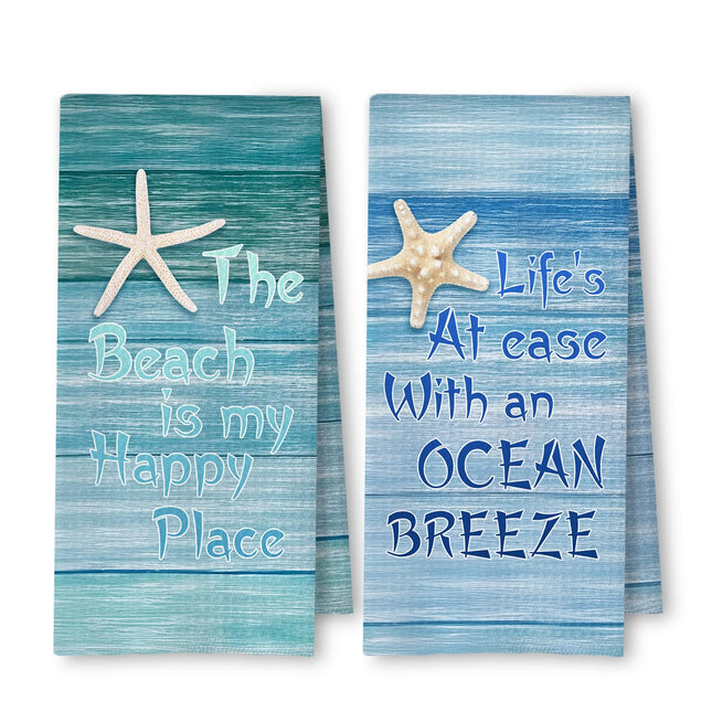 ArtisaEura Coastal Beach Hand Towels for Bathroom Set of 2, Nautical Kitchen Towels, Watercolor Blue Ocean Starfish Decorative Towels for Kitchen, Beach Bathroom Decor, 16x24 Inch