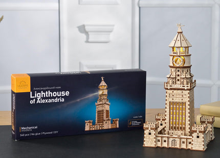 UGEARS Lighthouse of Alexandria 3D Wooden Puzzle for Adults – Wooden Model Kit with LED Night Light, DIY Building Hobby Set, Ancient World Landmark, Home Decor, Brain Teaser, Creative