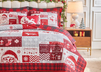Christmas Patchwork Quilt Set Queen Size 88x88 Red Black Plaid with White Santa Claus Deer Tree SnowflakeChristmas New Year Style Microfiber Winter Warm Bedding Coverlet Bedspread Holiday Design