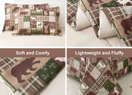Comforter Set Queen Size Bear Moose Plaid Comforter Bedding-7 Piece Bed in a Bag,Soft Reversible Patchwork Microfiber Bedding Set (1 Comforter,1 Flat Sheet,1 Fitted Sheet,2 Pillowcases,2 Pillow Shams)