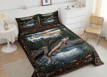 Castle Fairy Fishing and Hunting Comforter Set King Size,Pike Fish Bass Big Fish Down Alternative Adults Bedroom Decor,Lake House Ultra Soft Microfiber Inner Fill 3 Pcs Bedding