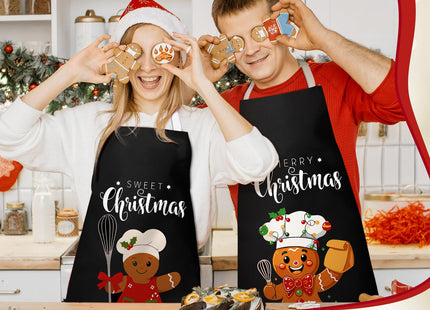 Jecery 2 Pcs Christmas Apron for Women Men Gingerbread,Gingerbread Black