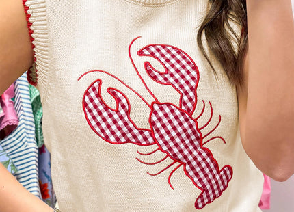 Womens Lobster Sleeveless Sweater Vest Crawfish Knit Shirts Tops Beige S
