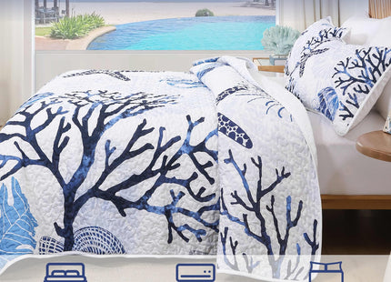 Xruibed Coastal Quilt Set King Size Blue Nautical Beach Quilt Coverlet Reversible Lightweight Bedspread with 2 Pillowshams Soft Microfiber Quilt Set for All Season 110"x90"
