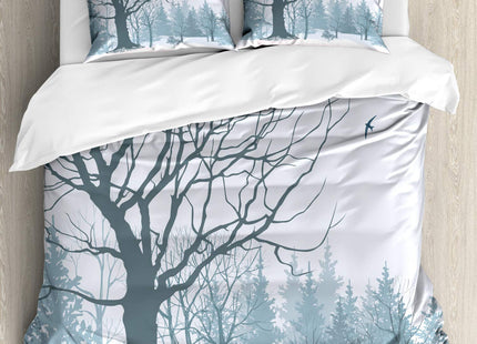 Ambesonne Winter Duvet Cover Set, Winter Season Theme a Tree Without Leaves in The Snowy Forest and Flying Birds, Decorative 3 Piece Bedding Set with 2 Pillow Shams, Queen Size, Petrol Blue