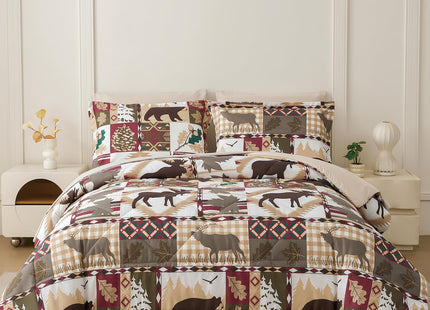 Smuge Lodge Moose Comforters Queen Size Set - 7 Pieces Lightweight Bed in a Bag Bear Rustic Cabin Country Comforter Sets Queen Bed, Down Alternative Bedding Sets, Sheets, Pillowcases & Shams(Red)