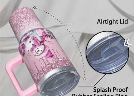 ZNYYZYBA 40 oz Christmas Tumbler with Handle and Straw, Stainless Steel Insulated Snowman Tumbler 40 oz, Reusable Pink Snowman Cup with Leak Proof Lid, Christmas Gifts for Women