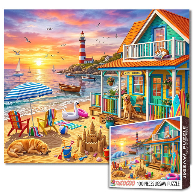 Beach House Jigsaw Puzzles for Adults 1000 Pieces Summer Vacation DIY Puzzles for Family Activity Games Coastal Lighthouse Art Jigsaw Puzzles Home Wall Decor Craft Gifts 19.7 x 27.6 Inch