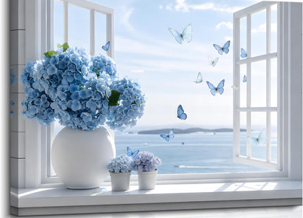 Birnsen Coastal Bathroom Canvas Wall Art Blue Hydrangea Floral Vase Butterfly Open Window Beach Seascape Wall Decor Poster Print Artwork for Living Room Bedroom Bathroom Home Decor 12x16in