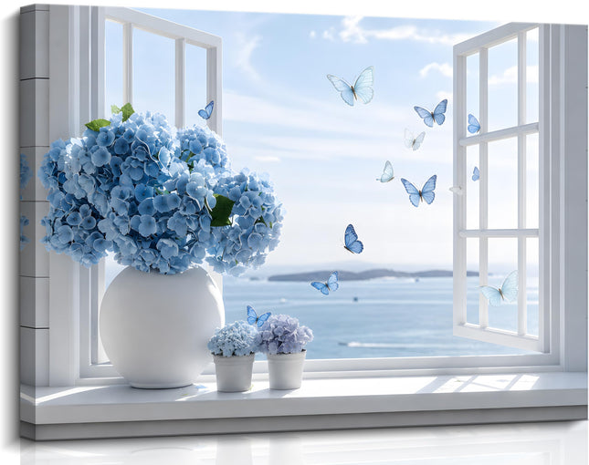 Birnsen Coastal Bathroom Canvas Wall Art Blue Hydrangea Floral Vase Butterfly Open Window Beach Seascape Wall Decor Poster Print Artwork for Living Room Bedroom Bathroom Home Decor 12x16in