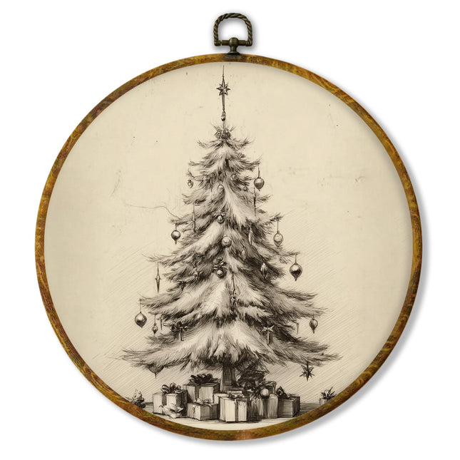 Hiuwevt Winter Pine Tree Round Wall Art Decor, Rustic Snowy Forest Framed Canvas Prints, Cozy Farmhouse Winter Round Wall Hanging Decor for Home Bedroom Living Room Decorations, 8.6x11.4 Inches