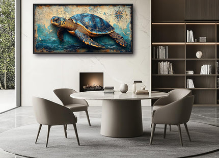 Large Nautical Turtle Wall Art for Living Room, Coastal Ocean Canvas Oversized Wall Decor, Beach Aesthetics Framed Pictures Painting Print Artwork for Bedroom Office 60L x 30W
