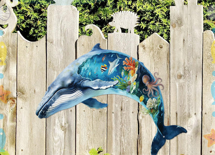 ruelen Humpback Whale Metal Wall Art, Underwater Coral Fish Octopus Ocean Nautical Wall Decor, Indoor Outdoor Hanging Sculpture for Patio Pool Garden Bathroom Bedroom, Beach Home Decor Gift(Small)