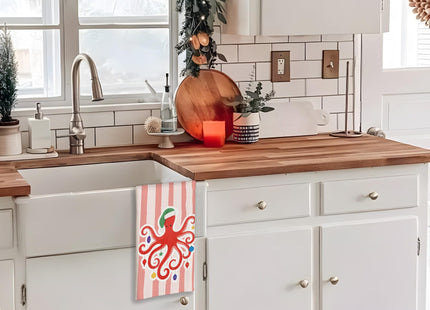 Yhtrg Coastal Octopus Christmas Kitchen Towels 16x24 Inch, Gifts for Octopus Lovers, Pink Stripes Christmas Beach Hand Towels for Bathroom Decorative, Nautical Xmas Dish Tea Towel for Kitchen Decor