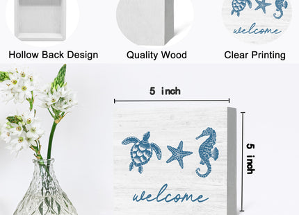 JRTW Welcome Rustic Summer Beach Wood Box Sign, 5x5 inches, Modern Starfish Theme, Tabletop Mount, Home & Office Decor
