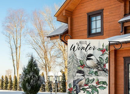 Hzppyz Hello Winter Chickadee Birds Garden Flag Double Sided, Red Berries Pine Tree Branch Farmhouse Decorative Yard Outdoor Home Small Decor, Snowy Forest Christmas Outside House Decoration 12 x 18