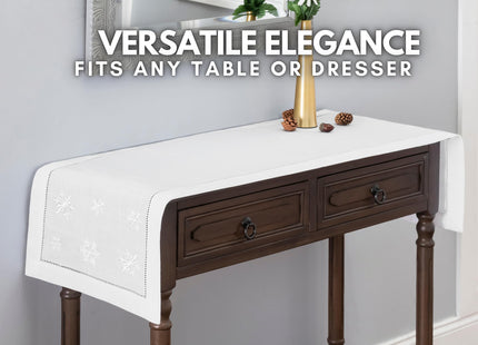 Embroidered Snowflake Hemstitch Table Runner in White by Brio Trends