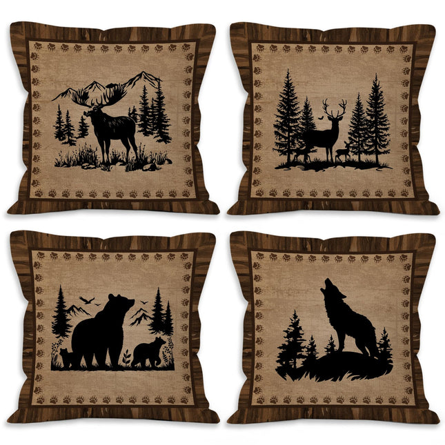 YSFUYZCT Brown Vintage Rustic Cabin Pillow Covers 18x18 Set of 4, Rustic Woodsy Cabin Camper Decor, Bear Deer Wolf Pillow Covers for Home Bedroom Couch