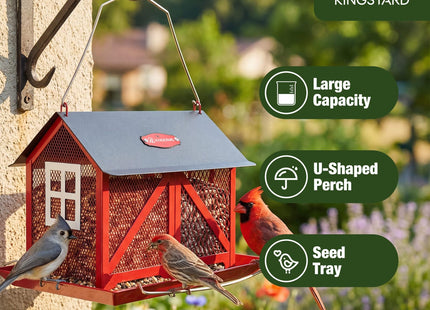 Kingsyard Metal Bird Feeder for Outdoors Hanging, 2-in-1 Wild Bird Feeder with Seed Tray & Built-in Perch, 5 lb Large Capacity for Cardinal Chickadee Finch, Red