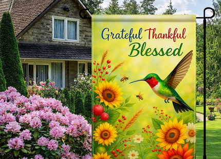 BlissYard Grateful Thankful Blessed Hummingbird Flag 12x18" Burlap