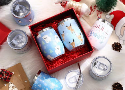 meekoo 12 Sets Christmas Wine Tumbler, Blue Snowflake Insulated Coffee Mug