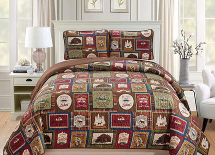 Rugs 4 Less Southwestern Great Outdoors Wilderness Cabin Lodge and Lakehouse 3-Piece Quilt Bedding Set with Plaid Patterns and Outdoor Destination Signs Quilted Bedspread (King/Cal-King - Lodge)
