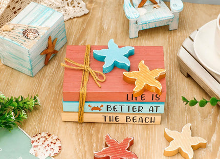 Whaline 7 Pcs Summer Decoration Beach Wooden Tiered Tray Decor Mini Faux Stacked Books Starfish Decorative Table Centerpiece Block Signs for Party Home Kitchen Dining Table Decor
