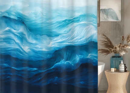 Blue Sea Wave Shower Curtain Set Ocean Coastal Nautical Bathroom Decor