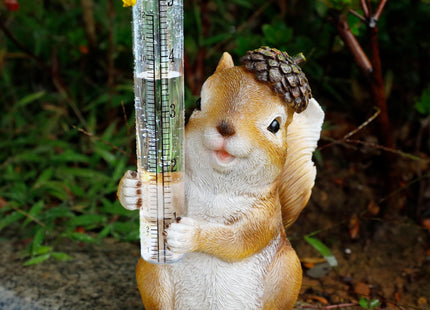 FORUP Resin Squirrel Rain Gauge, Hand Painted Squirrel Sculpture Water Gauge