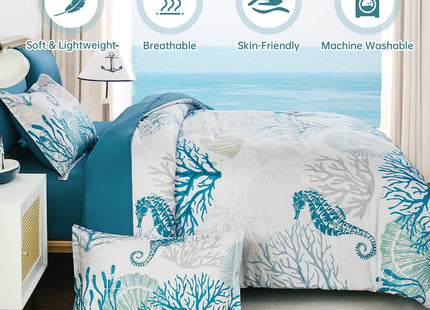 WONGS BEDDING Coastal Comforter Set Queen, Beach Themed Comforter,7 Pieces Ocean Nautical Seaweed & Starfish Bed in a Bag (90"×90")