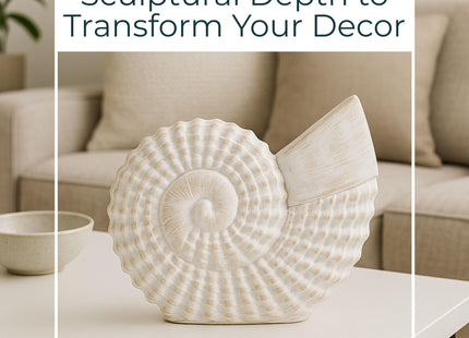 NESS AND JORD Coastal Seashell Decorative Figurine – Handcrafted Polyresin Nautical Decor Sculpture – Figurines & Sculptures Home Decor for Office, Bedroom & Living Room – 7", Whitewash