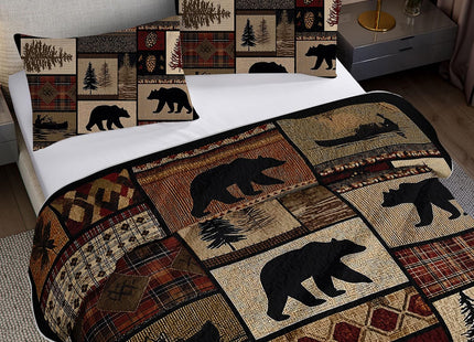 XYNHML Rustic Black Bear Quilt Bedding Queen 3Pcs Natural Forest Wild Hunt Animal Bear Canoe Bed Set Retro Tree Grid Pattern Bedspread Coverlet with 2 Pillowcases for Kid Boy Girl Teen Adult Bed Decor