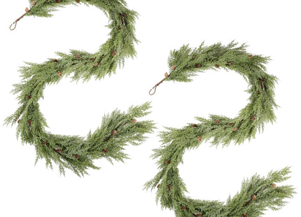WBHome 2pcs Real Touch Cypress Cedar & Pine Cone Evergreen Garland for Christmas Holiday Seasonal Outdoor/Indoor Home Decor, 9FT Long