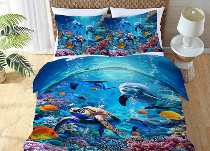 Lovira Ocean Sea Tutrle Beach Dolphin Theme 3 Pieces Duvet Cover Comforter Set with 2 Pillowcase Twin Size Nautical Fish Bed Sheet Quilt Bedroom Bedding for Lover Kids