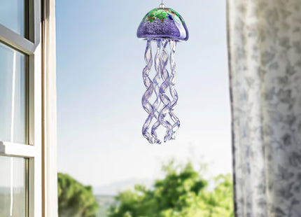 14in Handcrafted Purple Sea Glass Jellyfish Wind Chime Patio Decor