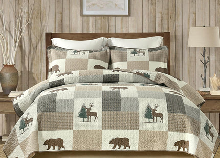 EWlinens Queen Quilt Set - 100% Cotton Quilt Queen Size, Farmhouse Animals Patchwork Plaid Queen Quilts Bedding Set, Forest Rustic Lightweight Comforter for Queen Bed, Green/Brown/Beige, 3 Pieces