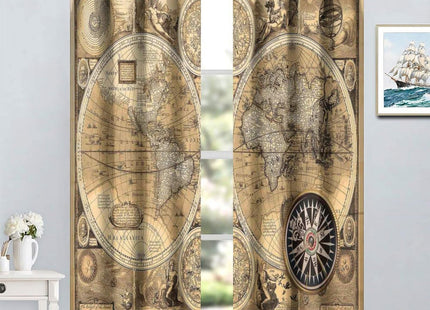 SHElifestyle Vintage World Map Curtains, Rustic Nautical Window Treatments Retro Farmhouse Medieval Compass Window Drapes for Bedroom Living Room Kitchen 63x63in