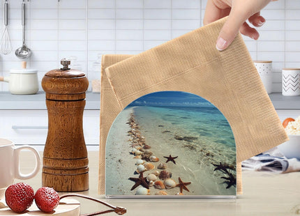 YNNALE Beach Starfish Shells Conches Napkin Holder for Table Acrylic Cocktail Napkin Holders Decorative Tissue Dispenser Vertical Napkin Holder for Home Decor Kitchen Dining