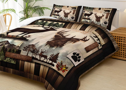 lneffble Deer Comforter Set Queen Size，Lodge Quilt Set Full/Queen Size, Rustic Cabin Bedding Set Black Deer，Deer Themed Bedroom Decor with 1 Comforter with 2 Pillow Case