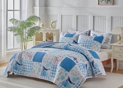 Patchwork Coastal Quilt Sets Queen Size - Reversible Microfiber Dolphin Turtle Ocean Style with Blue Whale Seahorse Soft Beach Bedding Nautical Bedspread Coverlet Summer Comforter with 2 Shams