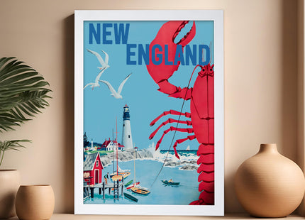 Poster Master Travel Poster - Tourism Print - New England, Lighthouse, Beach, Giant Crab Lobster, Seagulls, Sailboats - Gift for Artist, Friend - Wall Decor for Home, Office, 16x20 White Framed